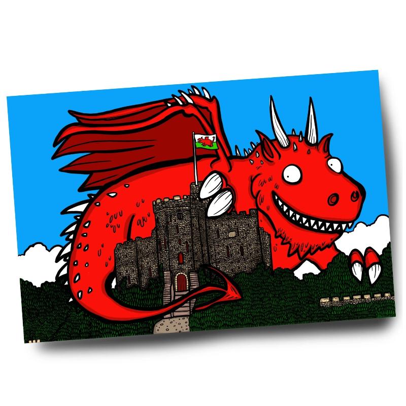 A4 print of an Illustration of a huge red dragon above Cardiff Castle