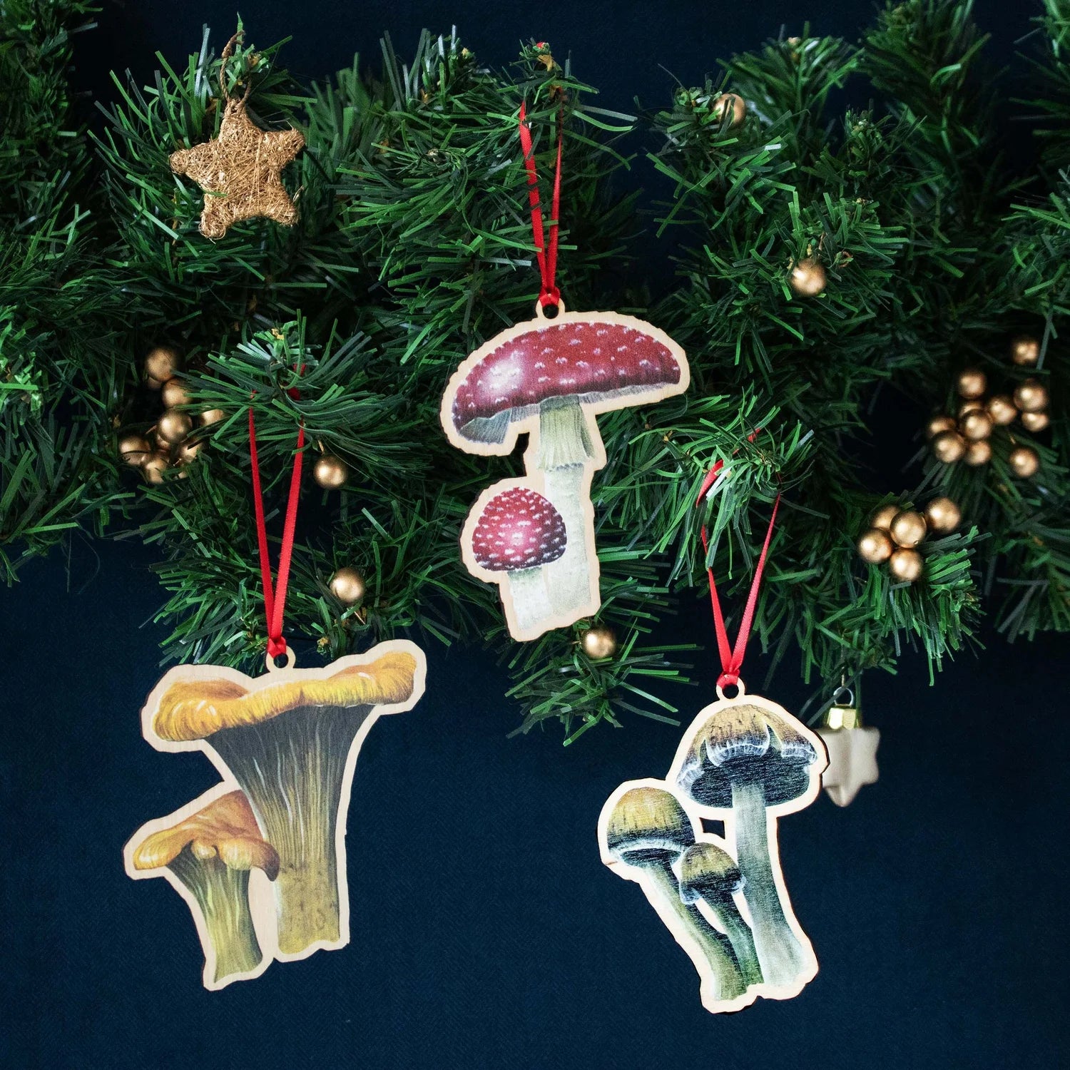 A trio of wooden mushroom decorations hanging on a Christmas tree. The designs featured are of Chanterelle, Fly Agaric and Parasol mushrooms. They are threaded with a bright red ribbon.