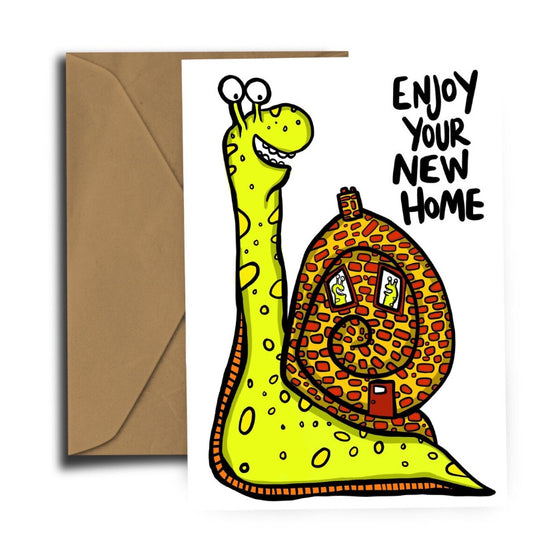 Card with colourful illustration of a green snail with its shell