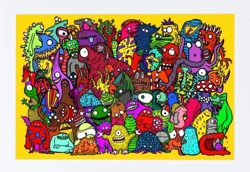 Colourful print of numerous monsters gathered together