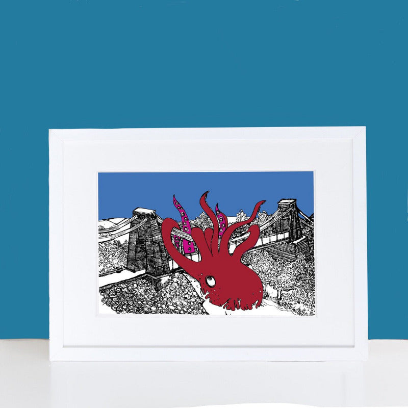 Print of an illustration of a giant red octopus grappling with Bristol's Clifton Suspension Bridge