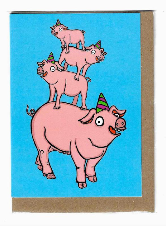 Four pink pigs in party hats. Sky blue background.