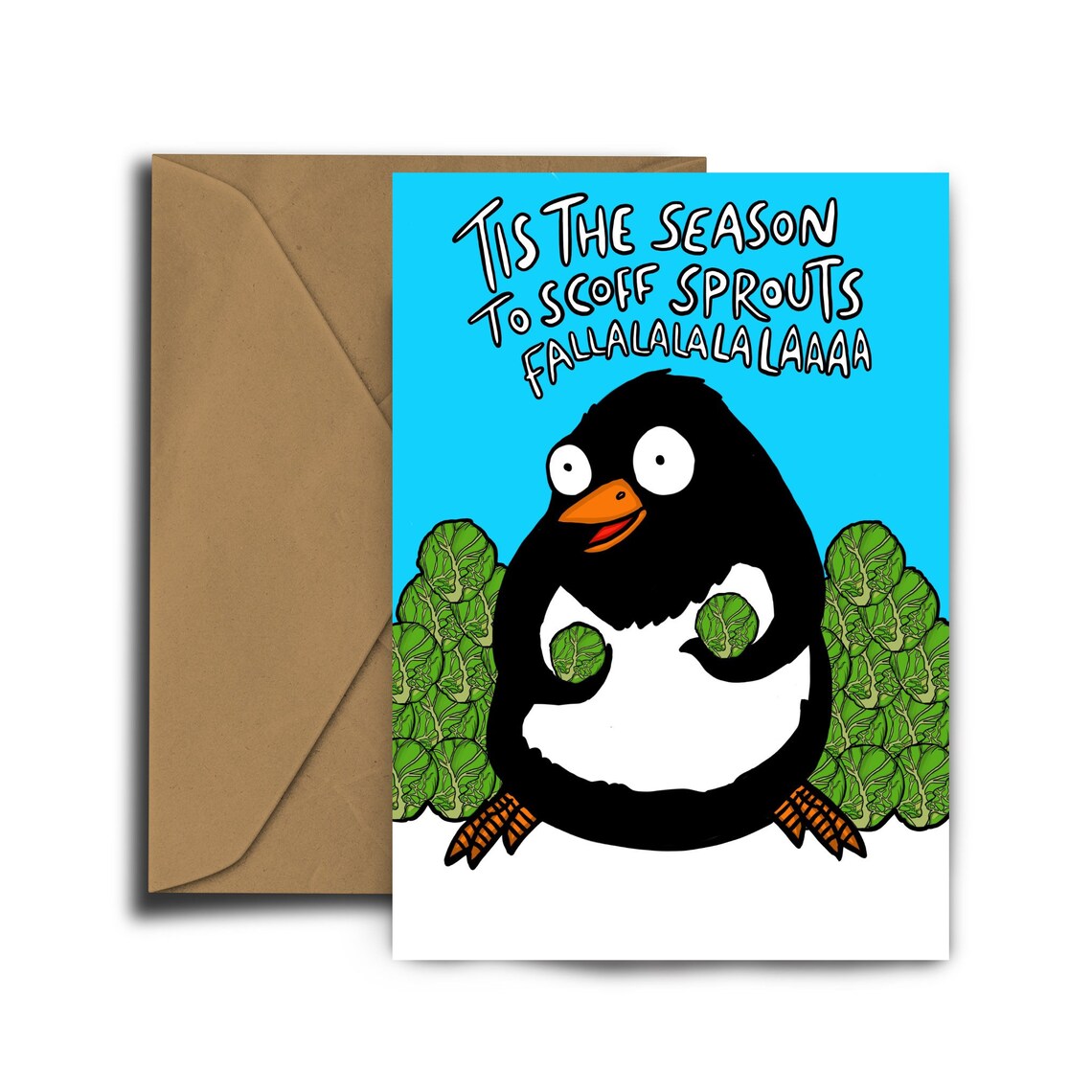 Christmas card with colourful illustration of a happy penguin surrounded by piles of sprouts