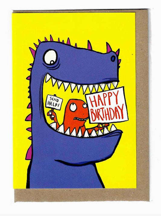 a small red monster with Happy Birthday and Send help signs in the mouth of a big blue monster. Yellow background. 