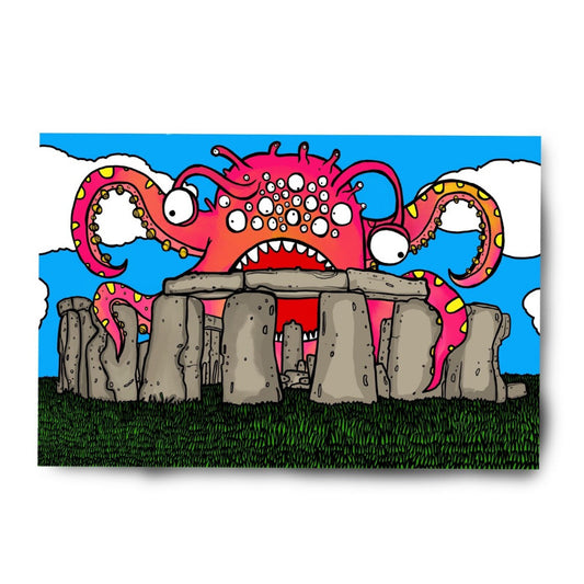Print of an illustration of a giant pink octopus grappling with Stonehenge