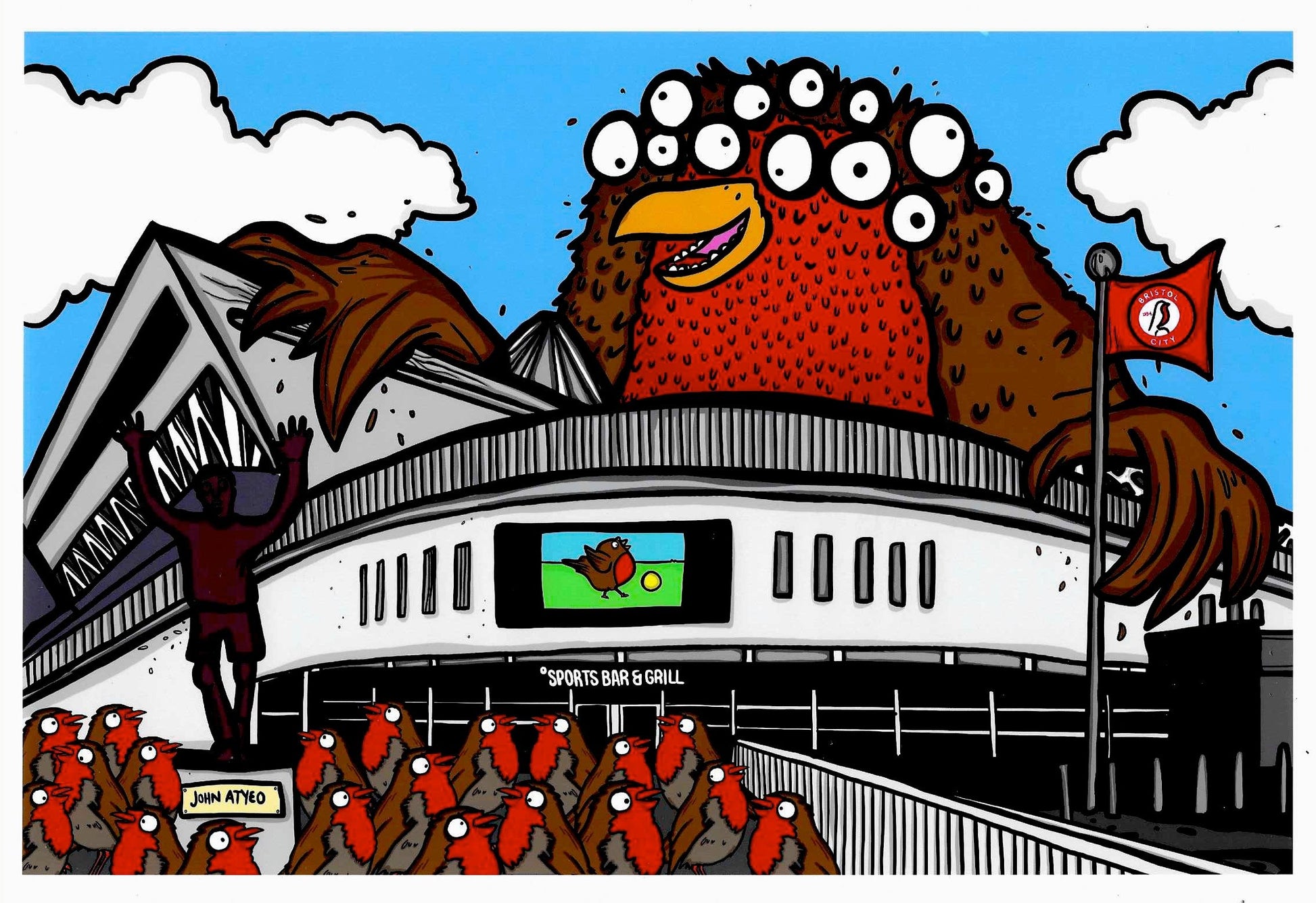 A4 sized print of Ashton Gate Stadium with robins and a giant robin with google eyes standing over the stadium.  Pen and ink drawing digitally coloured.