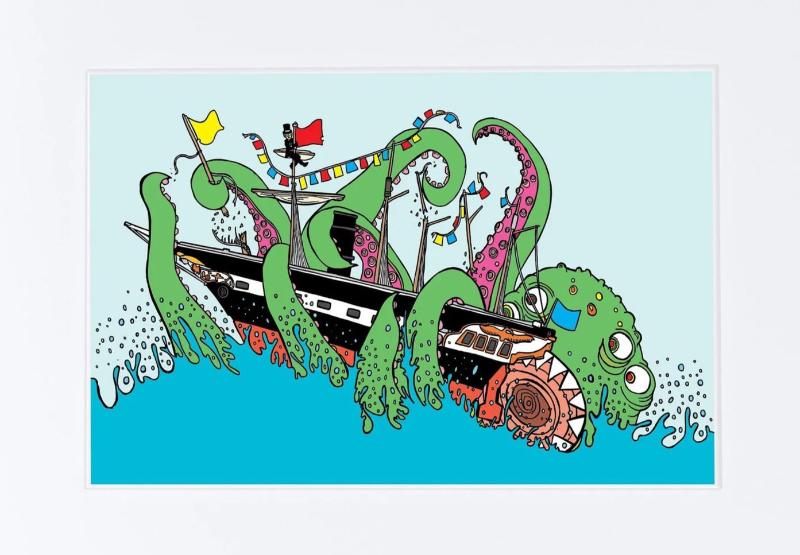 Colourful illustration of a giant green octopus grappling with the SS Great Britain.