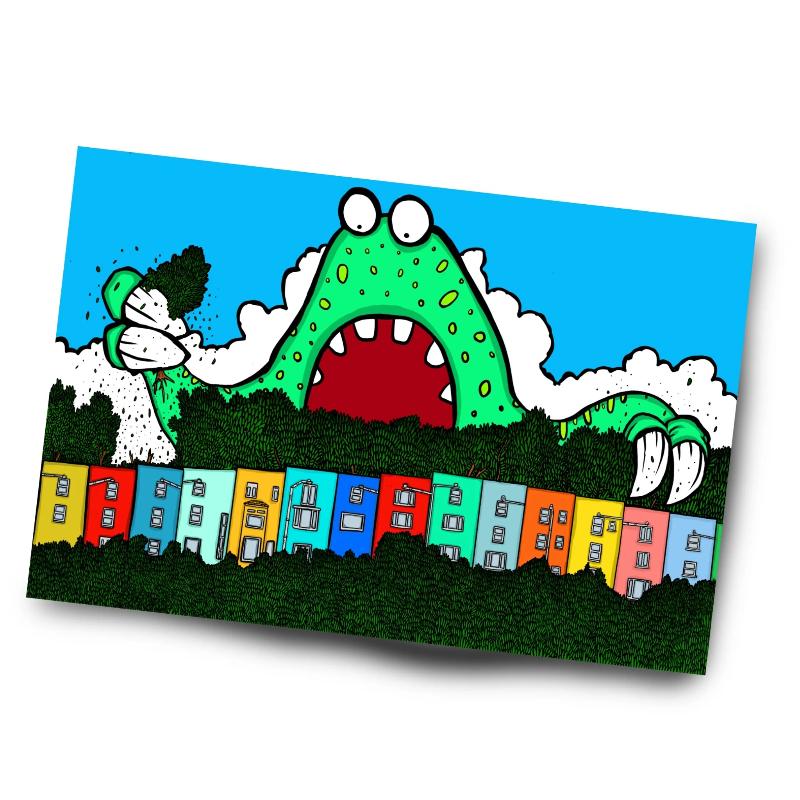 Colourful illustration of a giant green monster abut to take a bite out of Cliftonwood's coloured houses.