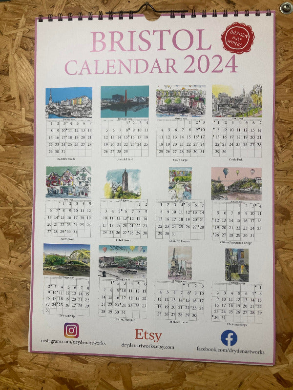 2024 calendar with colour pen and wash drawings of Bristol scenes