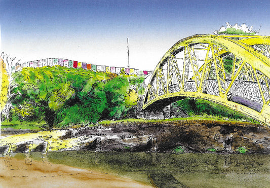 Colour print of pen and wash illustration of Bristol's Banana Bridge