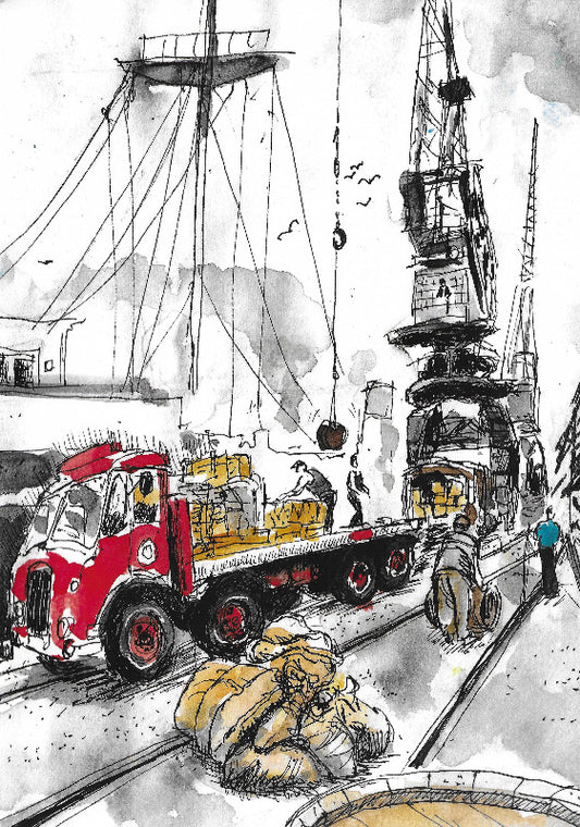 Ink and wash illustration of a ship being unloaded in Bristol docks