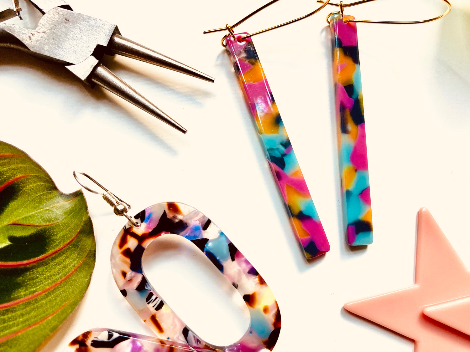 Multicoloured Rectangular resin earrings, multicoloured Oval resin earrings