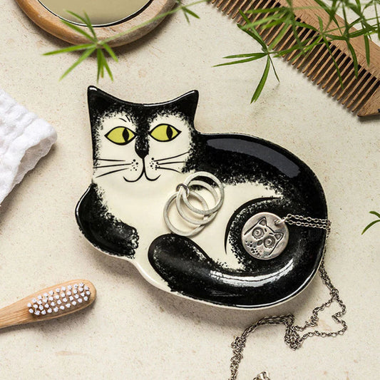 Ceramic cat shape trinket dish with black and white cat design