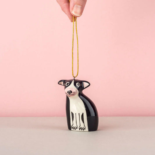 Black and white terrier dog ceramic hanging