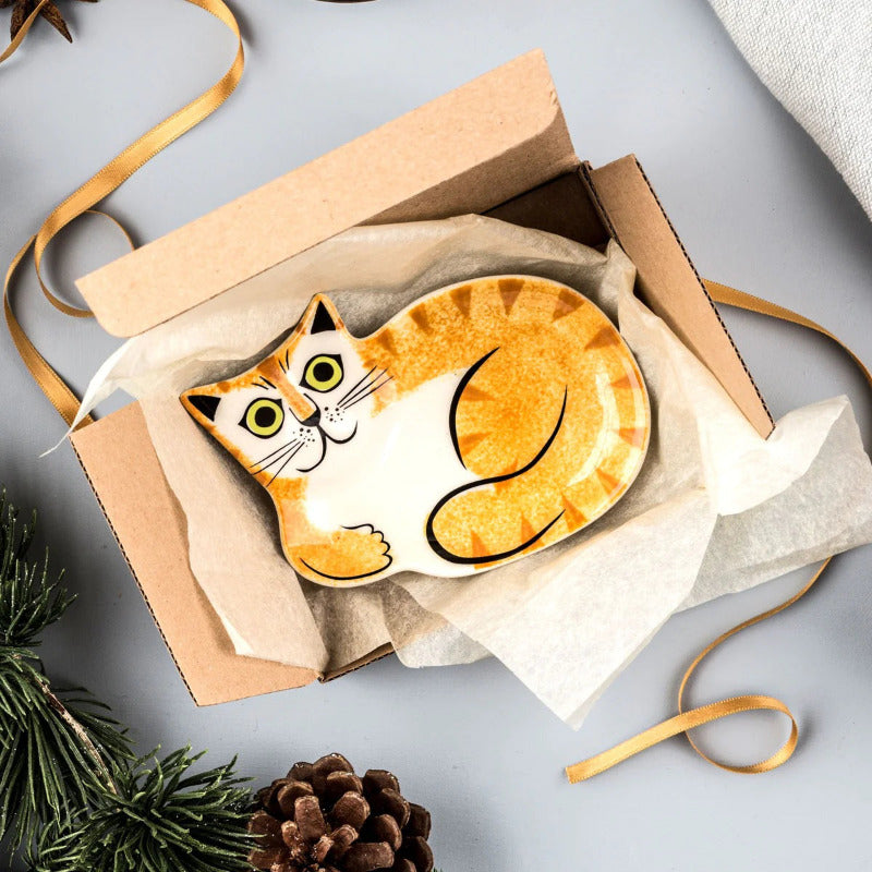 Cat shape ceramic trinket dish with ginger tabby cat design