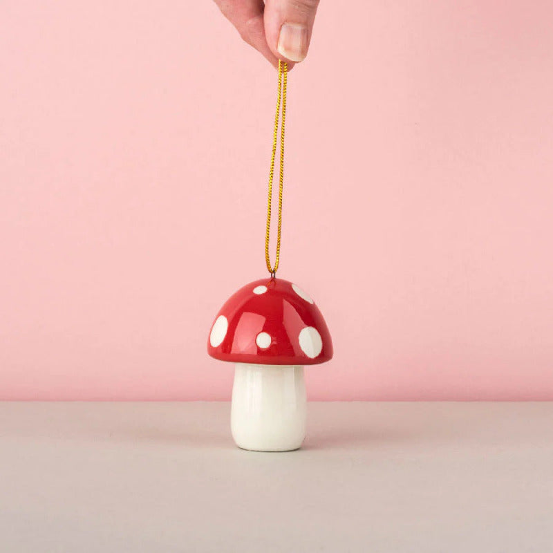 Ceramic red with white spots toadstool hanging decoration