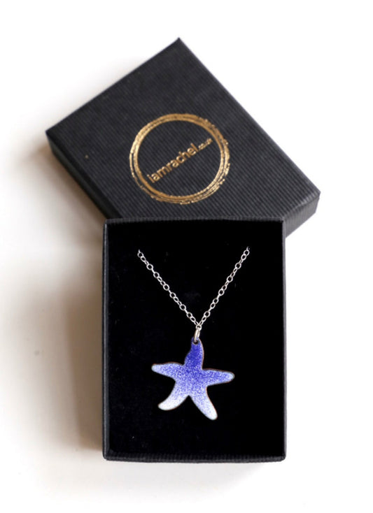 Star Fish shaped enamel pendant in blended white and blue with sterling silver chain