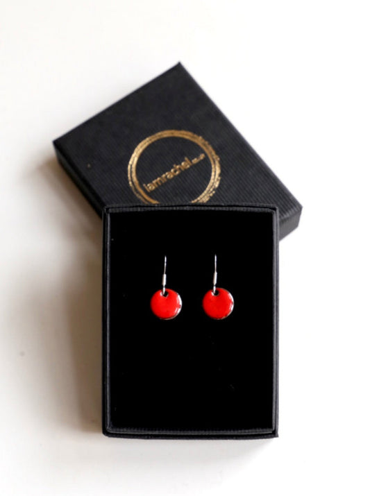 11mm enamel Disc Earrings in red with sterling silver hoops