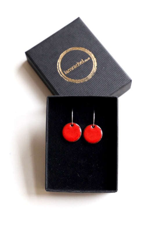 Red enamel disc earrings with sterling silver hoops