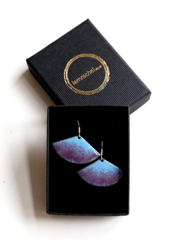 Fan shaped enamel earrings in pastel blue and purple