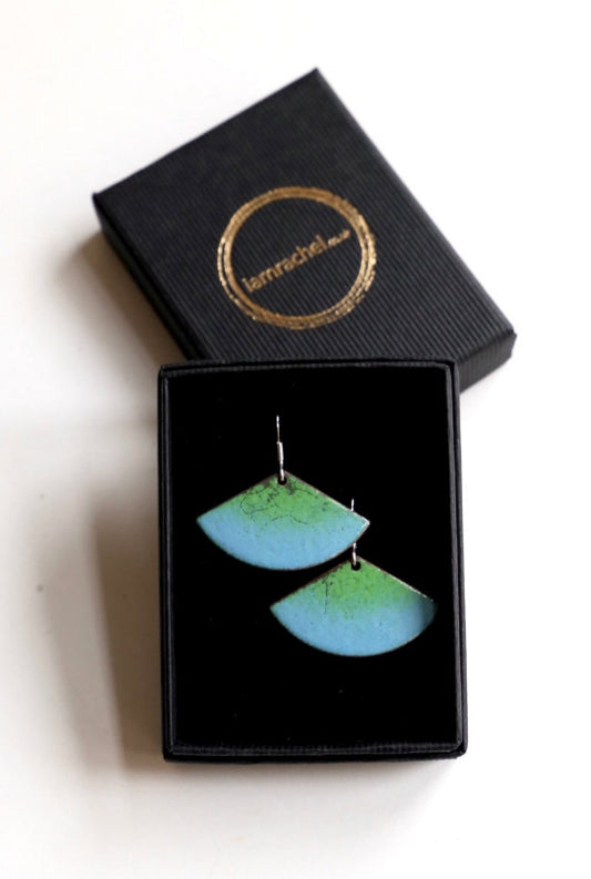 Fan shaped enamel earrings in green and pastel blue