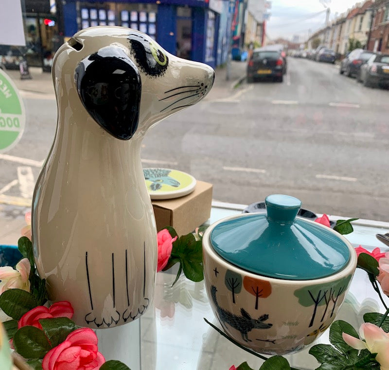 Handmade Ceramic Black and White Dog Money box designed by Hannah Turner