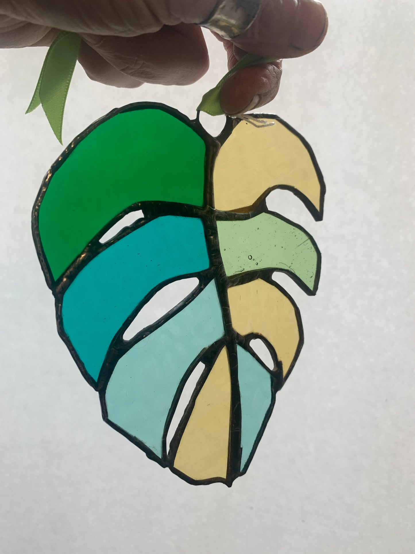 Stained Glass sun catcher. Monstera Leaf. Dadswell Glass studio based in Bristol.