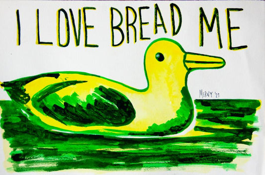 A4 print of original watercolour painting.  Yellow duck in green water. I Love Bread Me in text above head.