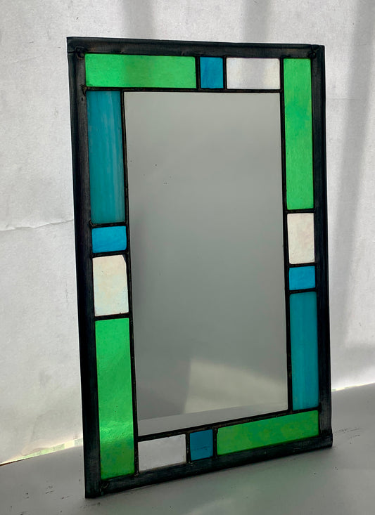 Small Rectangular stained glass mirror.  Aqua iridescent glass. Dadswell Glass. Glass Designs Bristol