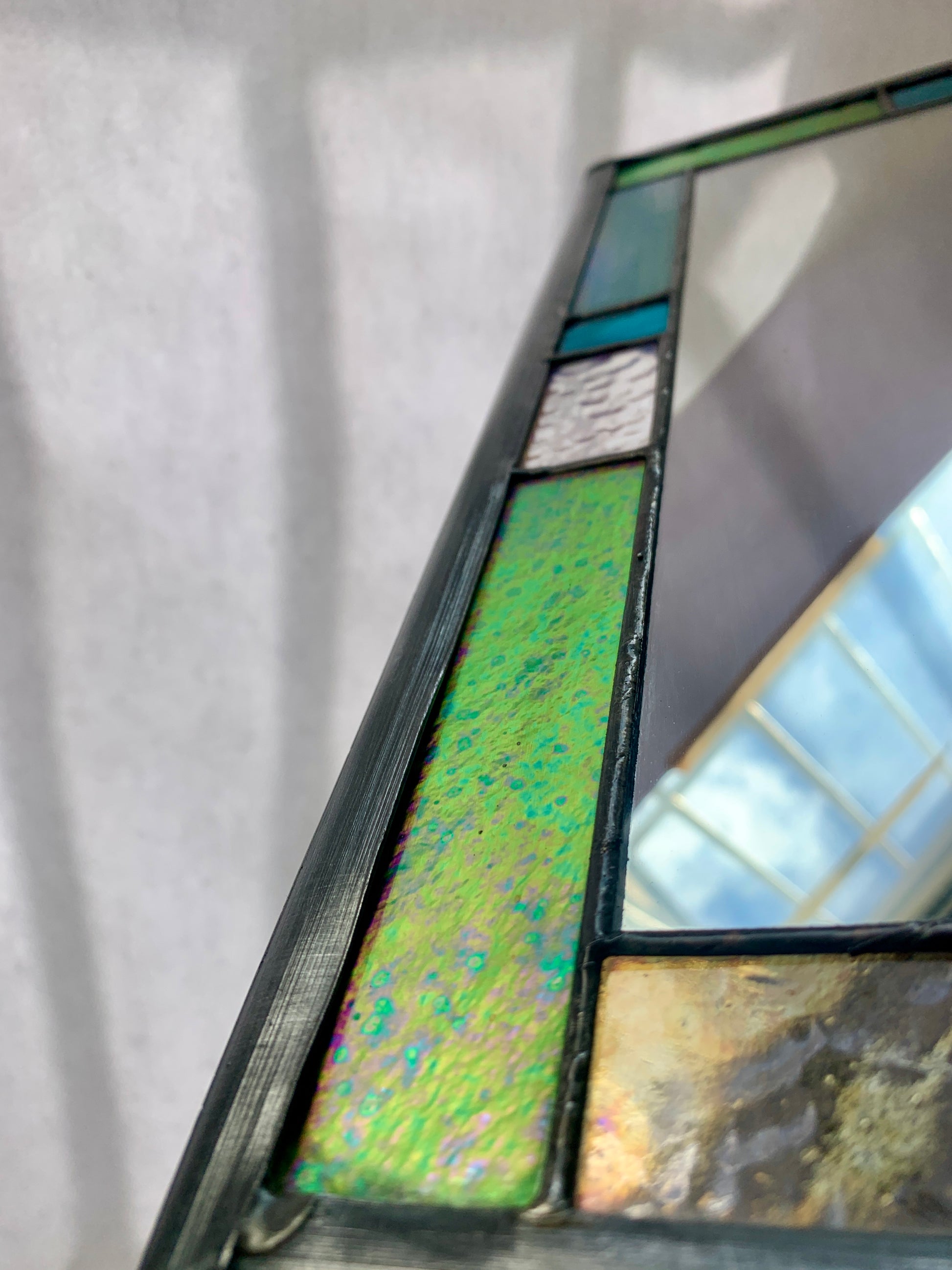 Small Rectangular stained glass mirror. Aqua iridescent glass. Dadswell Glass. Glass Designs Bristol