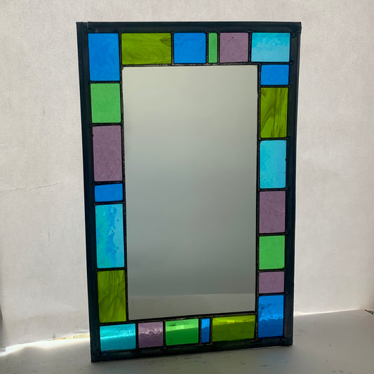 Stained Glass Mirror with randomly placed blue and green glass border. Stained Glass. Traditional Colour Glass. Blues, Aqua and Turquoise Glass.