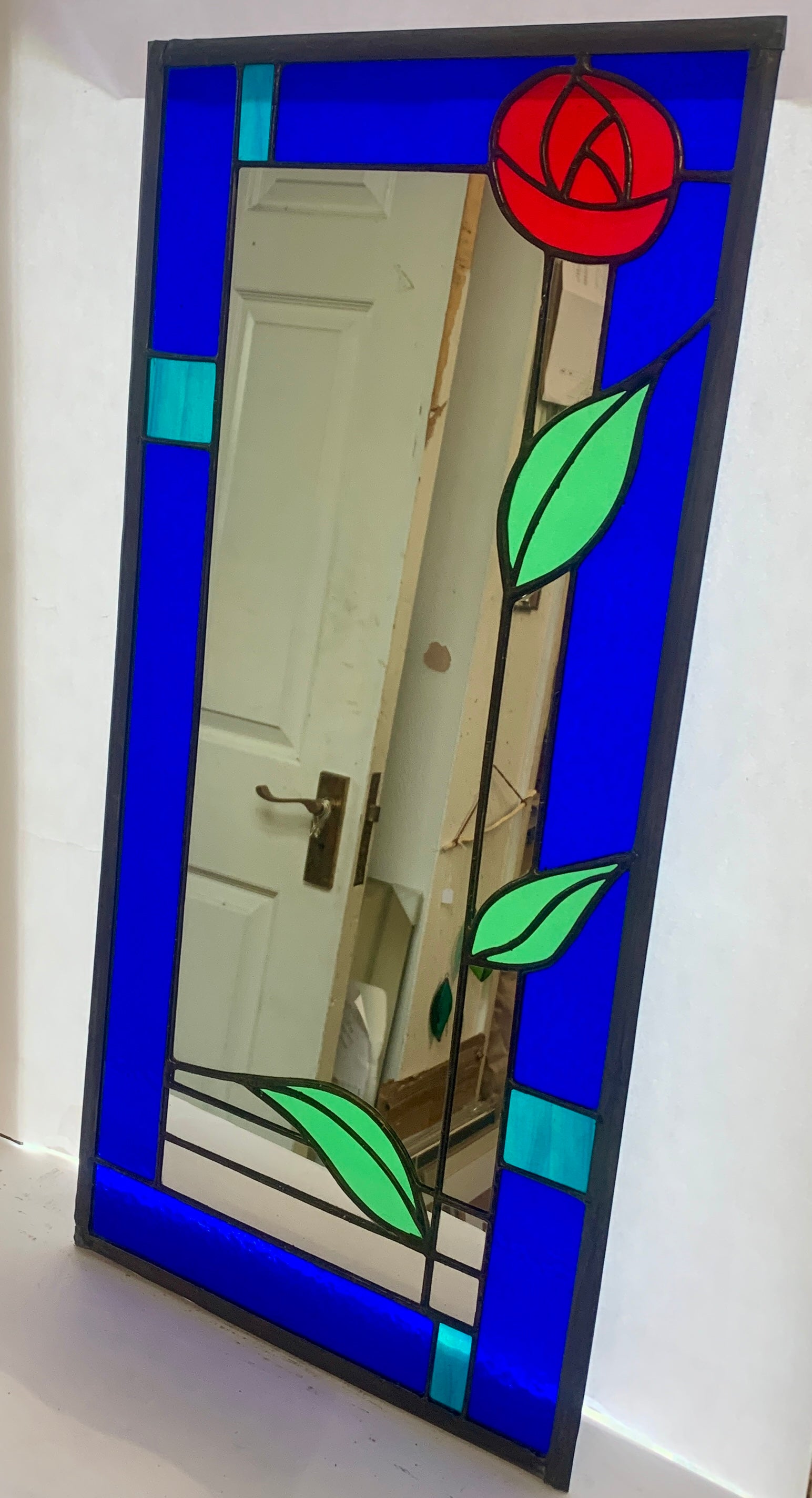 Stained Glass Mirror. Mackintosh Rose with Bristol Blue border