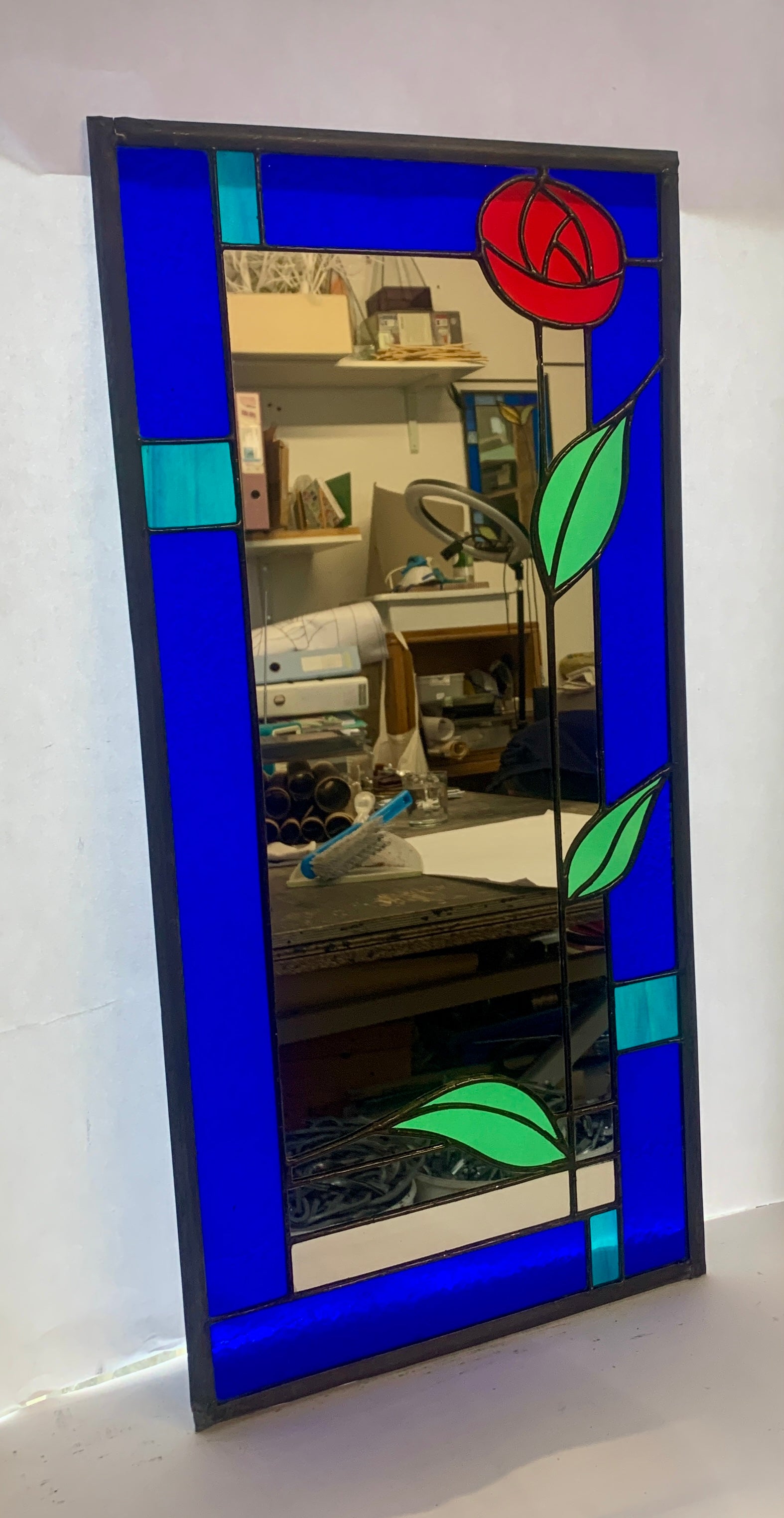 Stained Glass Mirror. Mackintosh Rose with Bristol Blue border Edit alt tex