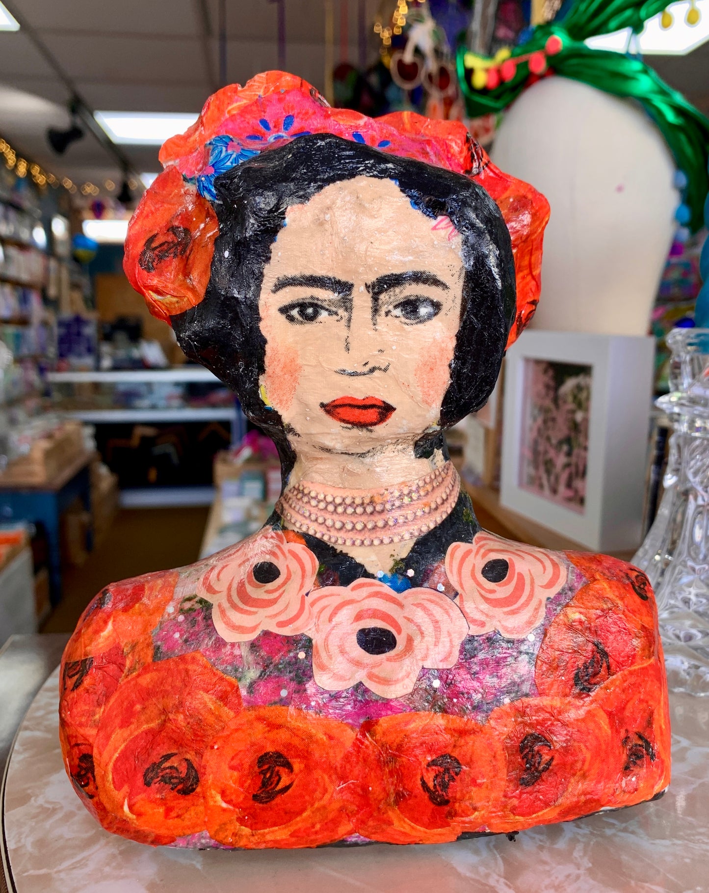 Frida Kahlo mud roc and collage sculpture