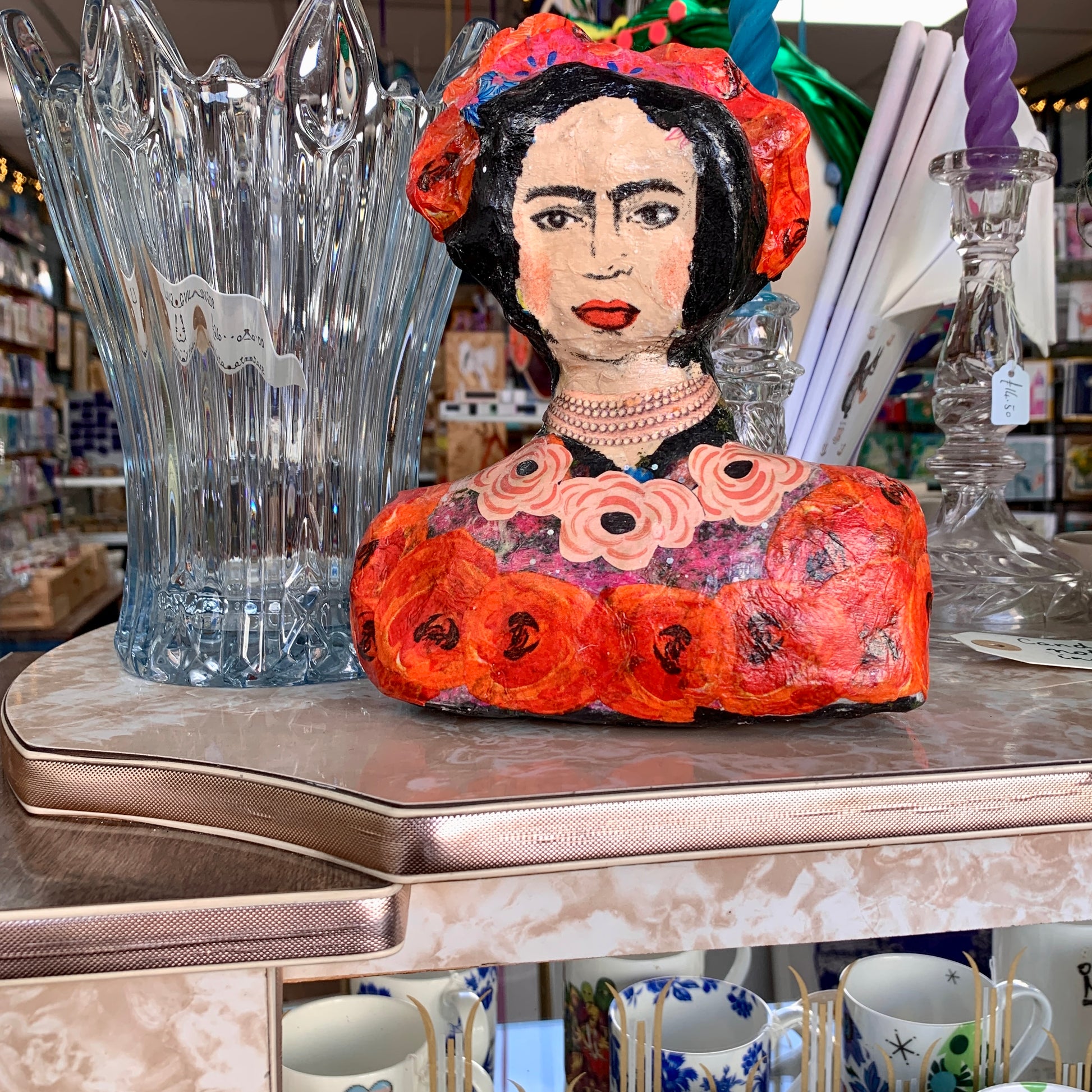 Frida Kahlo mud roc and collage sculpture