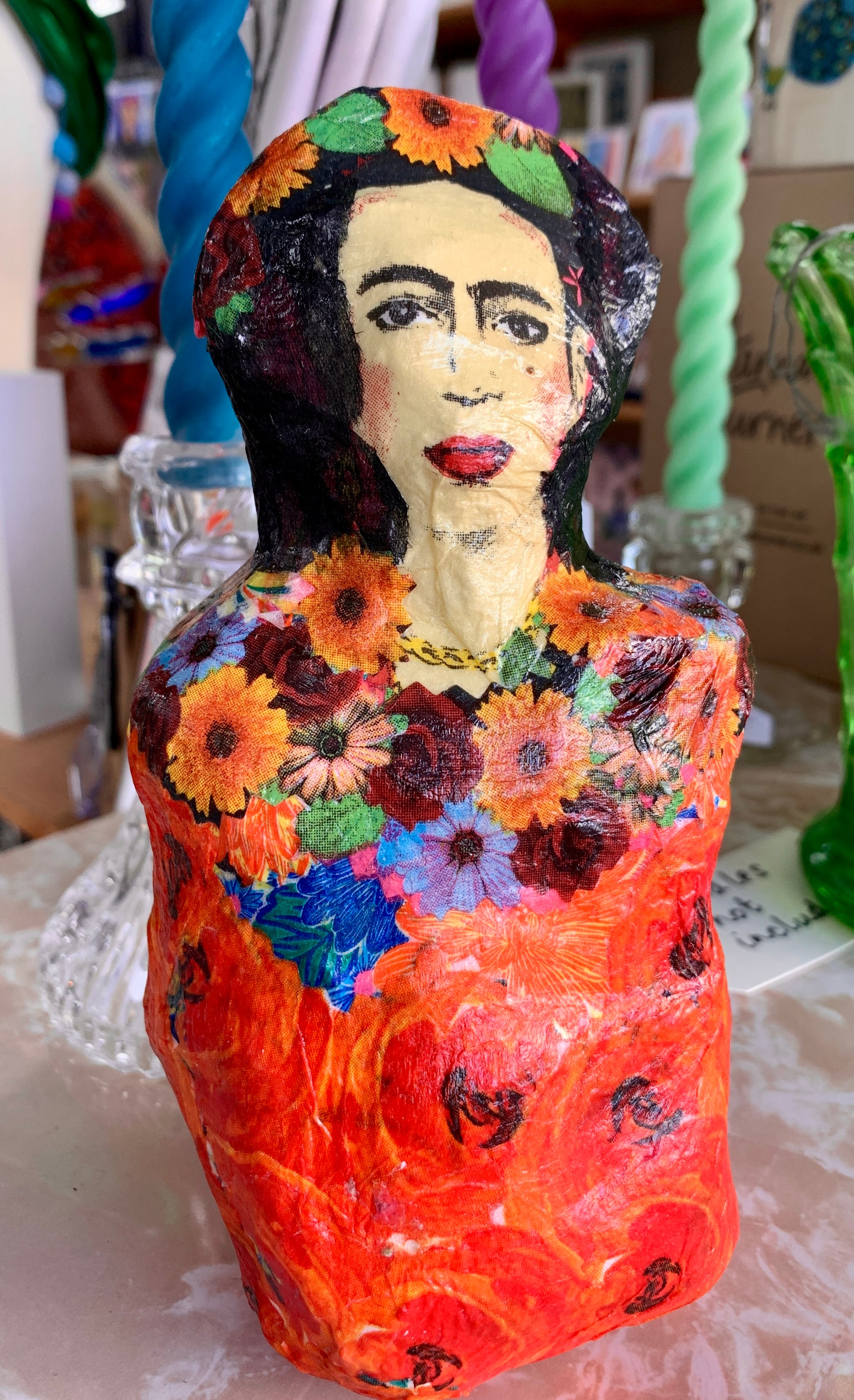 Frida Kahlo mud roc and collage sculpture