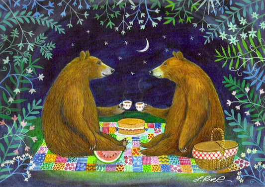Colour illustration of two bears sharing a cup of tea in a night time picnic