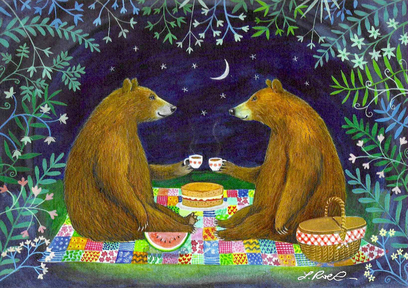 Colour illustration of two bears sharing a cup of tea in a night time picnic