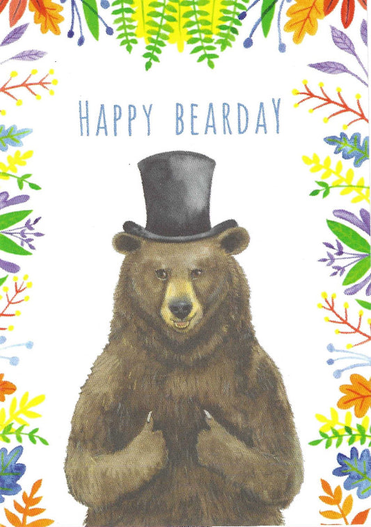 Bear in a top hat giving thumbs up bordered by colourful leaves