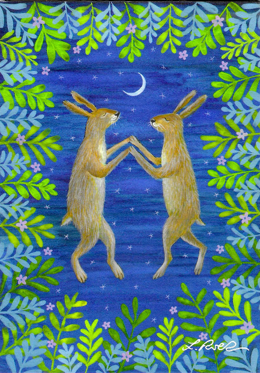 Two hares dance together aginst a starry sky surrounded by leaves and flowers