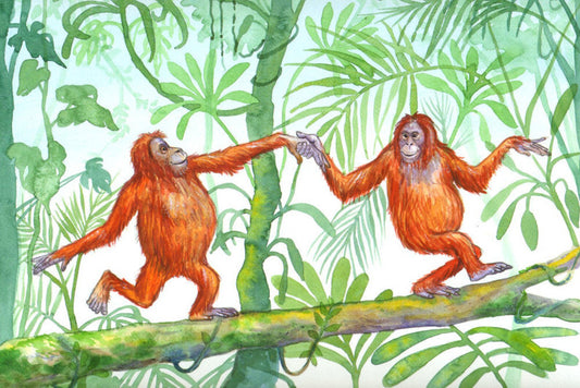 Colour painting of two orangutans dancing on a tree branch with green foliage in background.