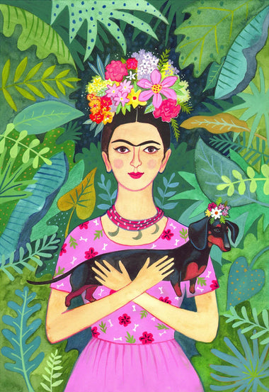 Colour painting of Frida Karlo holding a dachshund dog. Pink dress, flower head dress and green leaves in background.