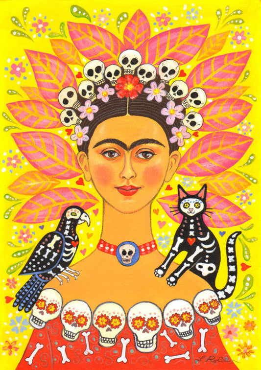 Colour painting of Frida Karlo with bird and cat and skull motifs. Background yellow with pink leaves.