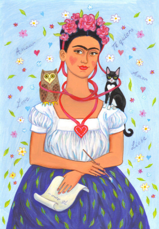 Frida Kahlo with an owl and pussycat on her shoulders