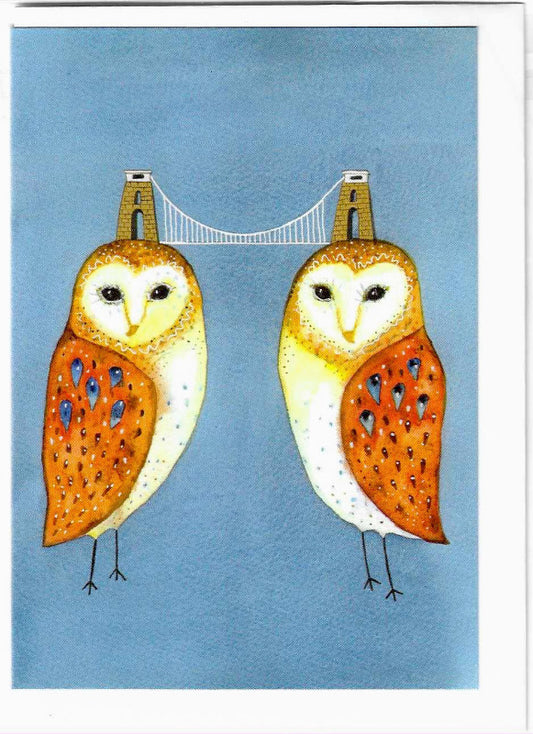 Colour card with illustration of two owls with Clifton Suspension Bridge balanced on their heads
