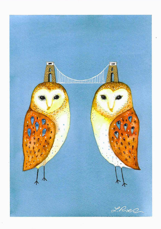Colour illustration of Clifton Suspension Bridge propped up by two owls