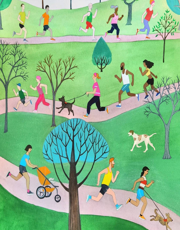 Illustration of people, dogs and pushchairs running back and forth across a park