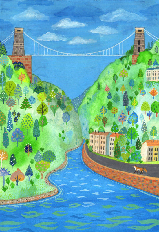 Colour painting of a fox walking up Avon Gorge below Clifton Suspension Bridge. Colourful river and trees.