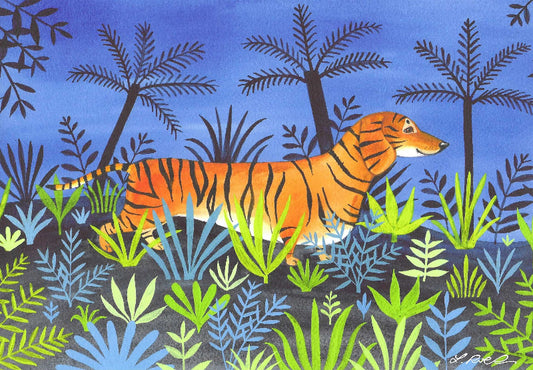 Colour print of a Dachshund with Tiger stripes in the jungle at night