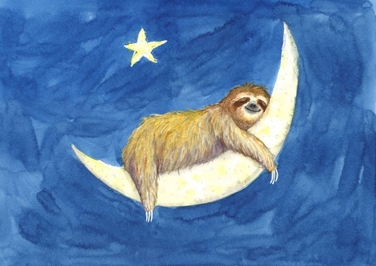 Colour painting of sloth asleep on crescent moon below a star in night sky.